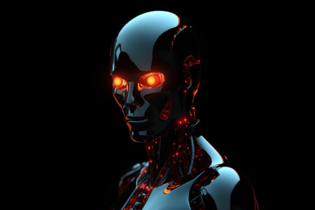 3d rendering of a female robot with red light on black backgroundの素材
