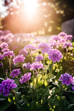 Beautiful purple flowers in the garden at sunset. Nature background.の素材