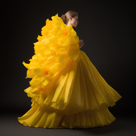 Beautiful girl in a yellow dress with daffodils on a black backgroundの素材