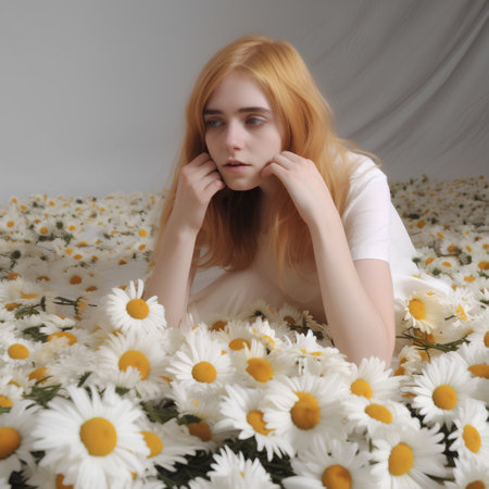 Portrait of a beautiful young woman lying on the camomile flowersの素材