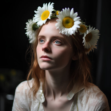 Portrait of a beautiful young woman with daisies in her hairの素材