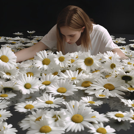 Beautiful girl lying on the floor with white daisies.の素材