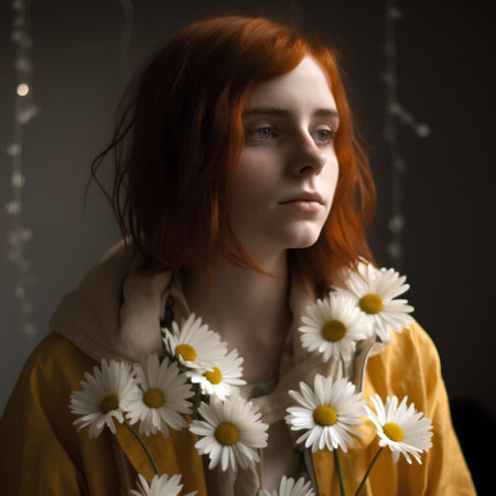 Portrait of a beautiful red-haired girl with daisiesの素材