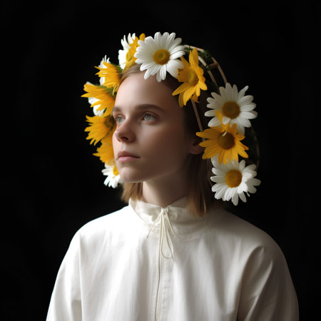 Portrait of a girl with a wreath of daisies on a black backgroundの素材