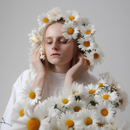 Girl in a wreath of daisies on a gray backgroundの素材