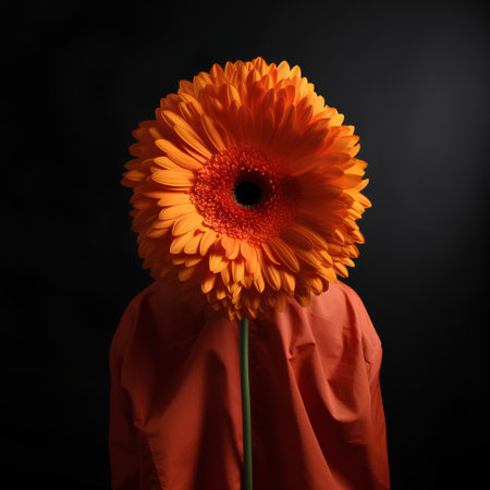 Orange gerbera flower in a man's head isolated on black backgroundの素材