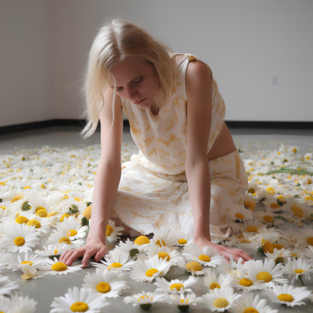 Beautiful young woman sitting on the floor with camomile flowersの素材