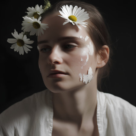 Young woman with camomile flowers on her face and white cream on faceの素材