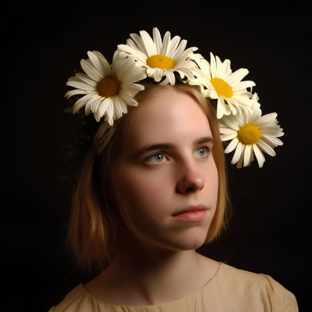 Portrait of a beautiful girl with daisies on a dark backgroundの素材