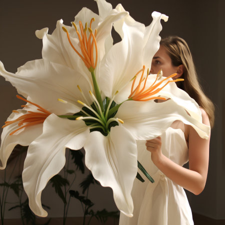 beautiful young woman with lily flower in her hand at homeの素材
