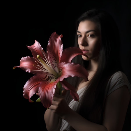 Beautiful young asian woman with lily flower on black backgroundの素材