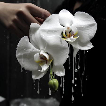 White orchid on a black background. Water drops on the flowers.の素材