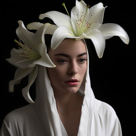 Beautiful young woman with white lily flowers on black background.の素材