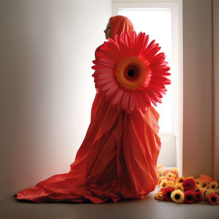 Woman in red dress with gerbera flower in a room.の素材