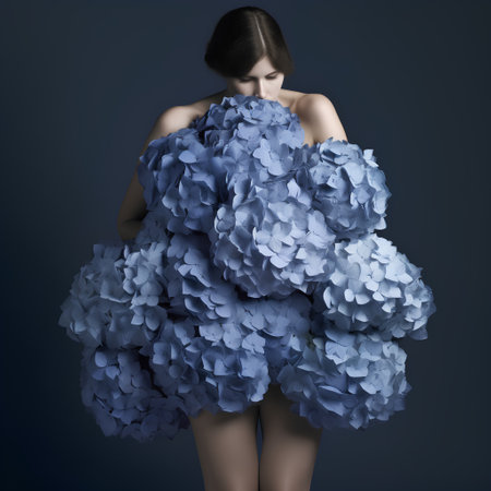 Beautiful girl with a large bouquet of blue hydrangeasの素材