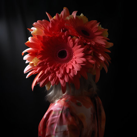 Girl with a bouquet of gerberas on a black backgroundの素材