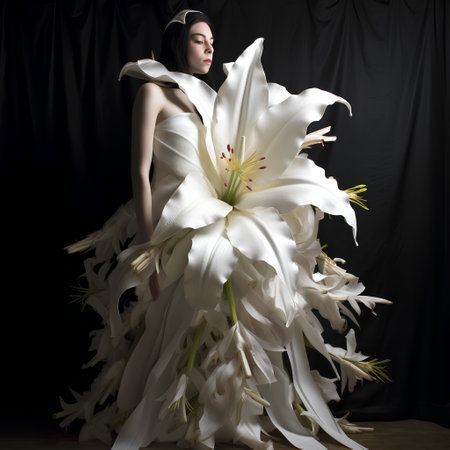 Beautiful young woman with white lily flowers. Studio shot.の素材