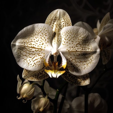 White orchid on a black background. Close-up. Studio photography.の素材