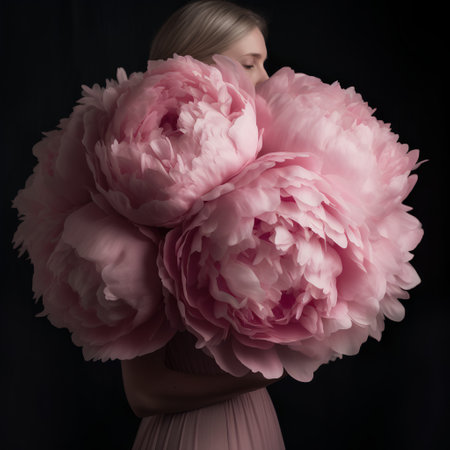 Beautiful young woman with big pink peony flowers on black backgroundの素材