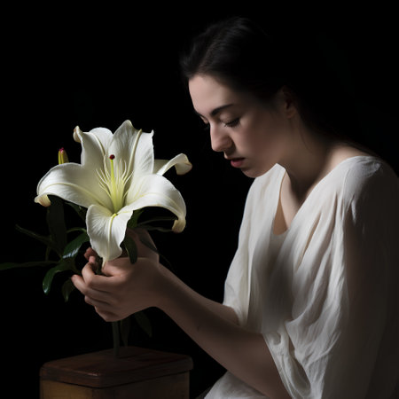 Young beautiful woman with lily flower in vase on black backgroundの素材