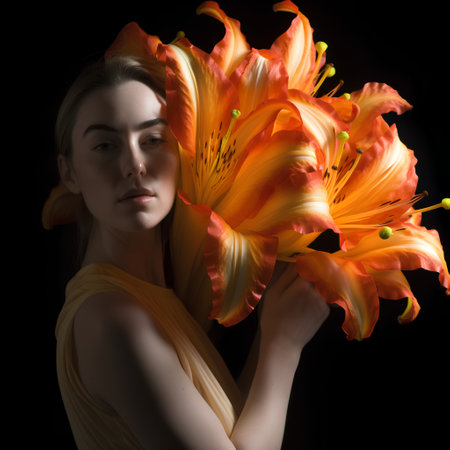 Beautiful young woman with lily flowers on a black background.の素材