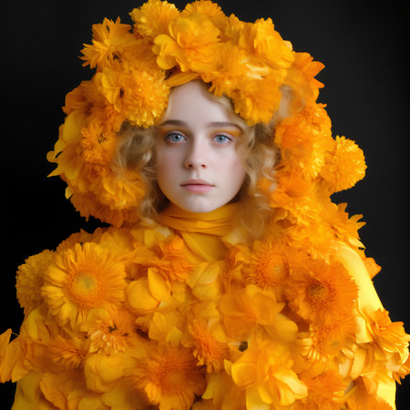 Portrait of a beautiful girl in a wreath of yellow flowers.の素材