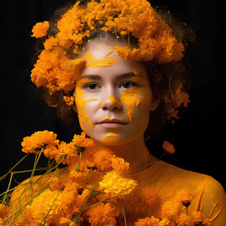 portrait of beautiful girl with marigold flowers on black backgroundの素材