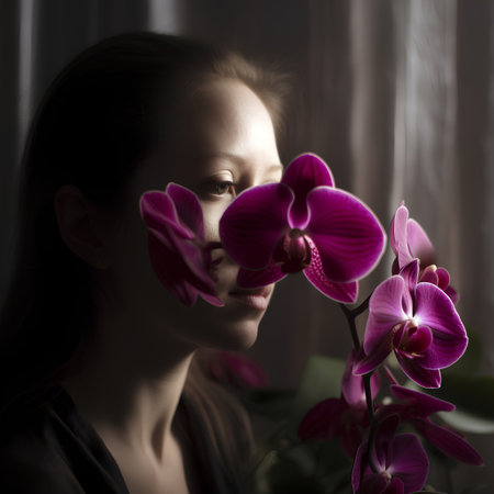 Portrait of a beautiful young woman with orchids on a dark backgroundの素材
