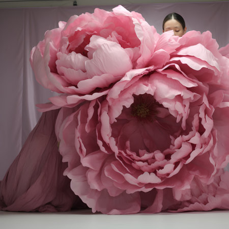 Beautiful girl in a wedding dress with a huge pink peonyの素材