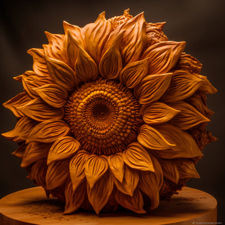 Decorative sunflower made of natural wood on a dark background.の素材