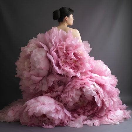 Beautiful young woman in pink wedding dress on a gray background.の素材
