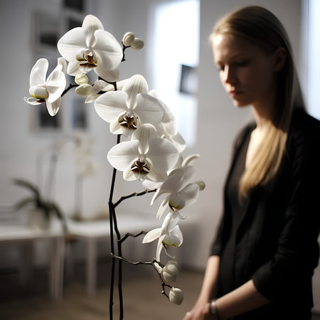 Beautiful young woman with a white orchid in her hands.の素材