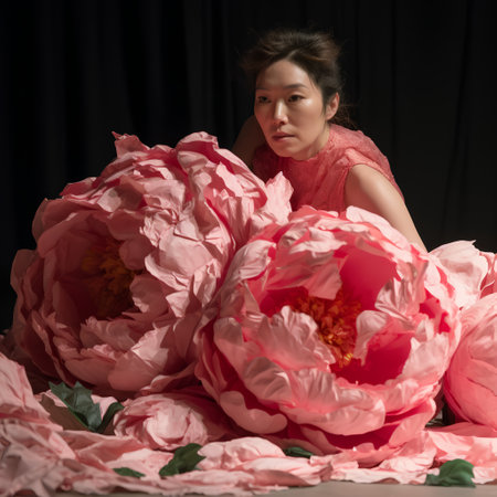 Portrait of a beautiful asian woman with pink peony flowersの素材