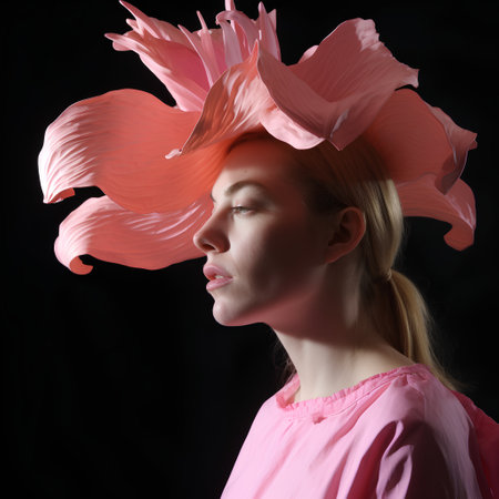 Portrait of young beautiful woman with pink flower in her hair on black backgroundの素材