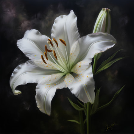 White lily flower on a dark background, with a place for textの素材