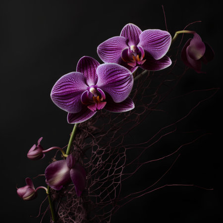 Beautiful purple orchids on a black background. Studio photography.の素材