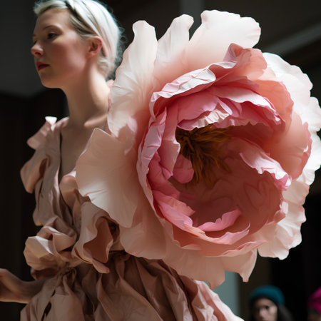 Beautiful girl in a pink dress with a peony in her handsの素材