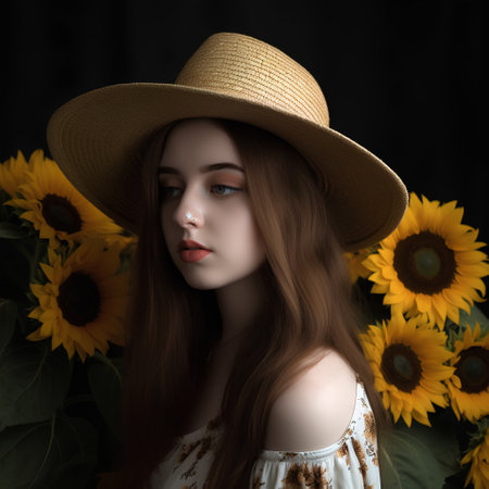 Portrait of a beautiful young woman in a straw hat with sunflowersの素材