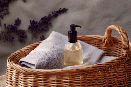 Lavender soap dispenser with towel in a wicker basketの素材