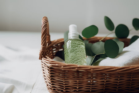 Spa, wellness and aromatherapy concept. Green cosmetic products with eucalyptus leaves in a wicker basket on a white background.の素材