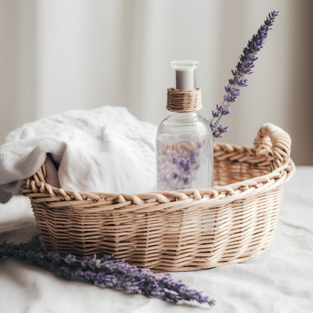 Lavender spa products in a wicker basket on the bedの素材