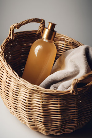 bottle of shampoo and towel in a basket on a gray backgroundの素材