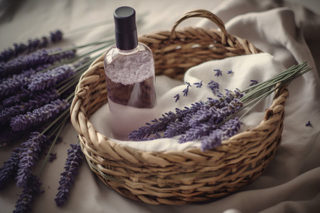 Lavender oil in a glass bottle and fresh lavender flowers in a wicker basket on a white fabric backgroundの素材