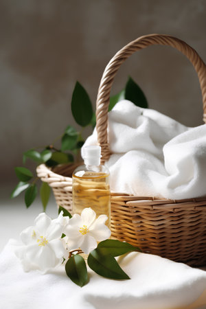 Spa still life with white towel and essential oil in a basketの素材