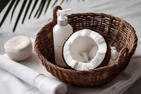 Coconut oil in a basket on a white background, spa conceptの素材
