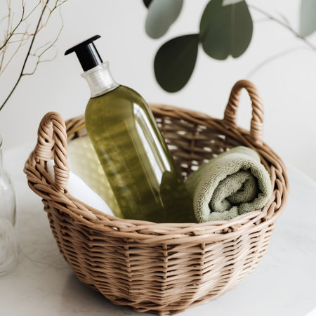 Basket with green towels, soap and liquid soaple backgroundの素材
