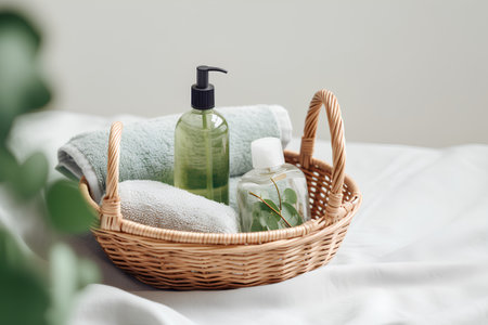 Basket with green cosmetic products and towels on bed. Beauty treatment concept.の素材