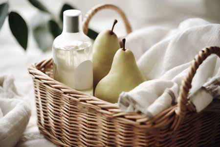 Basket with fresh pears, olive oil and towels. Shallow dof.の素材