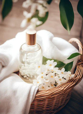 Spa still life with white jasmine flowers and aromatherapy oil in a wicker basketの素材