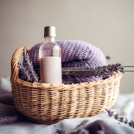 Spa still life with lavender soap and towel in a basketの素材